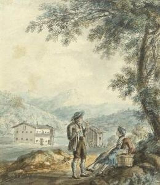 Rastendes Bauernpaar In
 Gebirgslandschaft. Oil Painting by Johann Jakob Ii Dorner