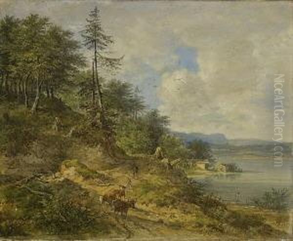 Hirte Mit Vieh Auf Dem Weg Am
 Seeufer. Oil Painting by Johann Jakob Ii Dorner