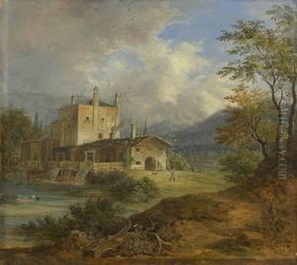 Hammerschmiede In Fruhherbstlicher
 Gebirgslandschaft. Oil Painting by Johann Jakob Ii Dorner