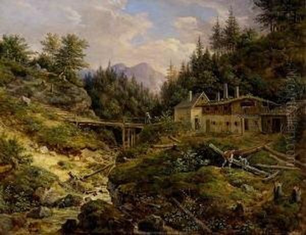 Oberbayerische
 Gebirgslandschaft Oil Painting by Johann Jakob Ii Dorner
