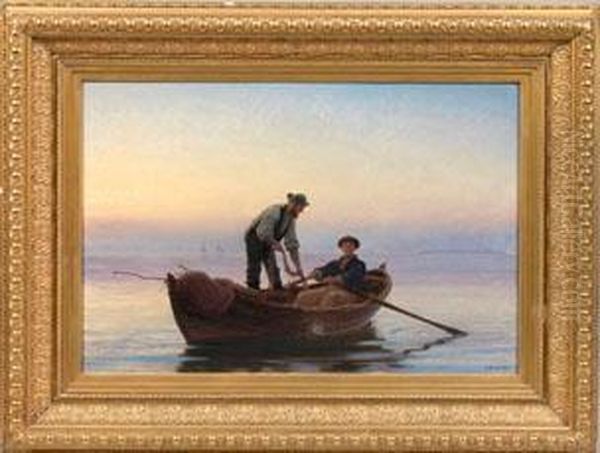 Zwei Fischer Beim Einholen Der Netze Im Abendrot Oil Painting by Anton Laurids Johannes Dorph