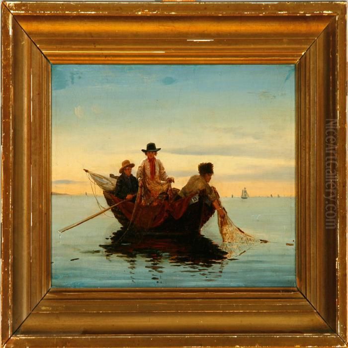 Fiskerne Saetter Garn Oil Painting by Anton Laurids Johannes Dorph