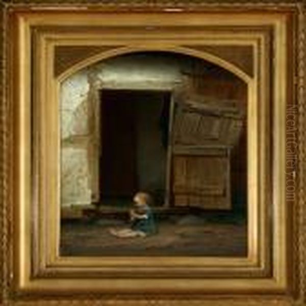 A Little Girl Is Playing With 
Her Doll In Front Of The Stable Door. Signed And Dated A. Dorph 1873 Oil Painting by Anton Laurids Johannes Dorph