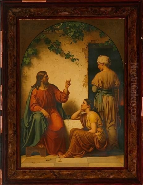 Dorph: Jesus Are Talking To The 
Sisters Martha And Maria. Stamp Signed And Dated A. Dorph 188. 
Lithograph In Colours. Visible Size 7 X 51 Cm Oil Painting by Anton Laurids Johannes Dorph