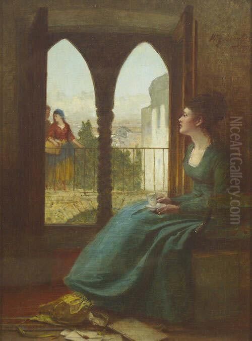 P.r.s.a. Interior Scene With A 
Girl Seated Beside A Window, Letters And Documents In The Foreground, 
Other Figures On A Balcony In The Distance Oil On Canvas, 41cm By 30.5cm Oil Painting by William Fettes Douglas