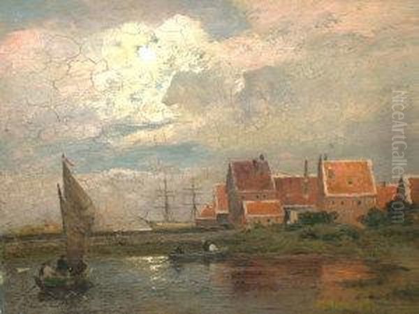 Attributed To Louis Carl Ludwig 
Douzette, German -- Moonlit Harbour Scene With Moored Shipping Oil Painting by Louis, Carl Ludwig Douzette