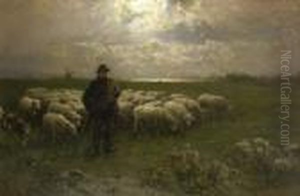 Schafer Mit Seiner Herde In
 Nachtlicher Landschaft. Oil Painting by Louis, Carl Ludwig Douzette