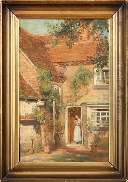 Girl With A Kitten Standing In A Doorway Oil Painting by Margaret Dovaston