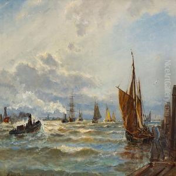 Numerous Ships On The Elbe River Near Hamburg Oil Painting by Holger Drachmann