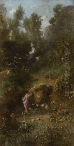 Waldtal Mit Badender
 Diana: Oil Painting by Heinrich Dreber