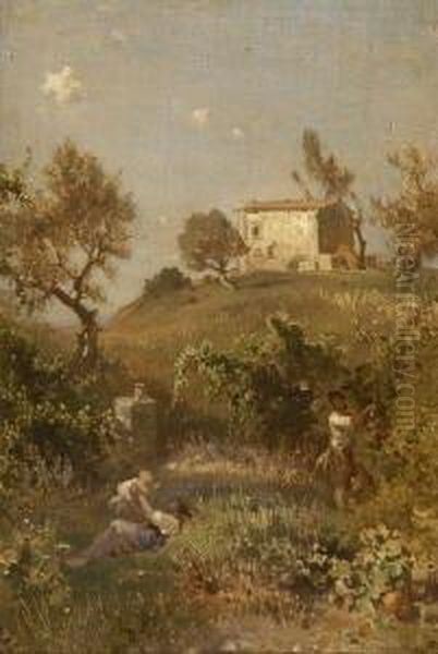 Kleiner Campagna-hugel Mit Haus
 Und Arbeiterfamilie. Oil Painting by Heinrich Dreber
