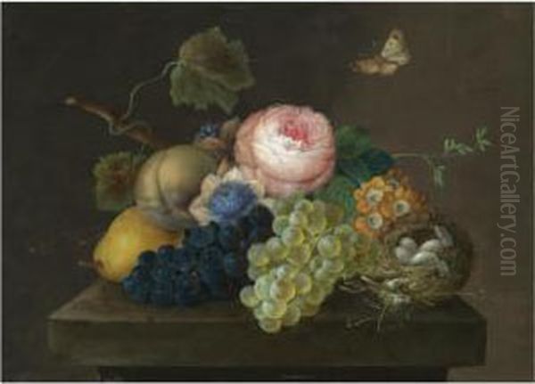 A Still Life With Grapes, Pears 
And Flowers, Together With A Bird's Nest With Eggs On A Stone Ledge, A 
Butterfly Above Oil Painting by Johann Baptist Drechsler