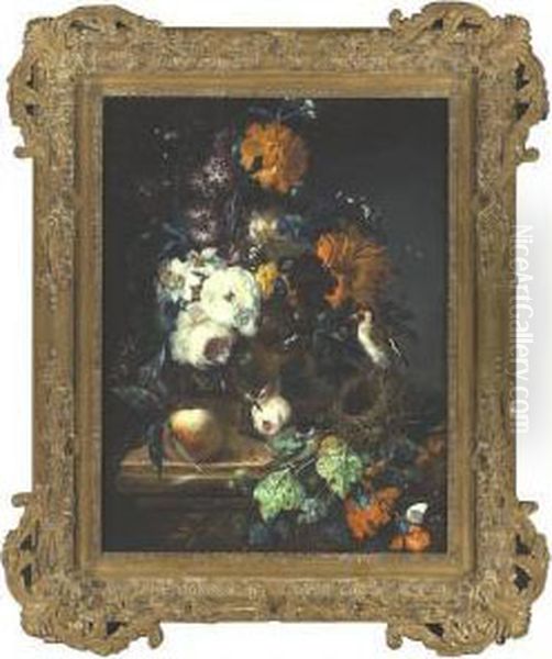 Still Life With Roses, Birds, A Peach And A Butterfly Oil Painting by Johann Baptist Drechsler