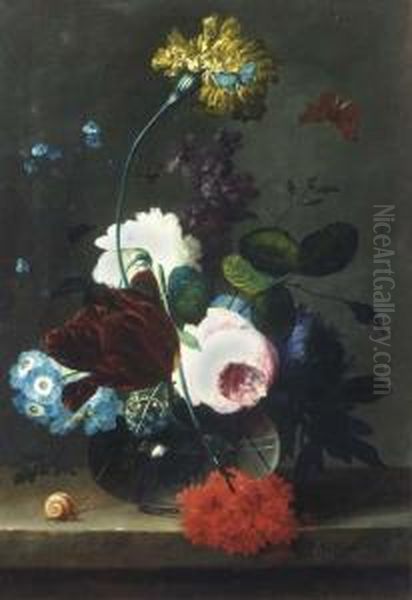 Roses, Tulips, Carnations And 
Other Flowers In A Glass Vase Withbutterflies, And A Snake On A Stone 
Ledge Oil Painting by Johann Baptist Drechsler