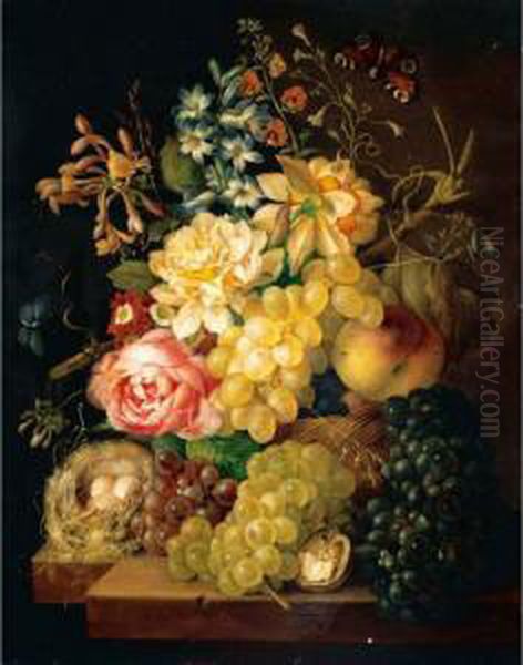 Still Life Of Roses, Honeysuckle
 And Other Flowers With Peaches And Grapes In A Basket, Togther With 
Grapes, Half A Walnut And A Birds Nest Upon A Ledge Oil Painting by Johann Baptist Drechsler