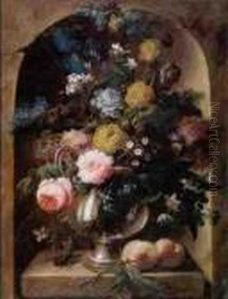 Still Life Of Roses, An Iris, 
Lilacs, Narcissi, Primroses And Other Flowers In A Glass Vase Resting On
 A Stone Ledge With Peaches And A Beetle, Within A Niche Oil Painting by Johann Baptist Drechsler