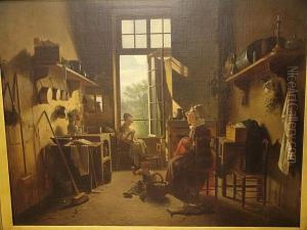 Figures In A Kitchen Interior Oil Painting by Martin Drolling