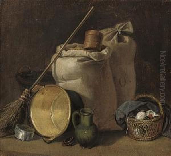 Sacks Of Grain, A Broom, An Up-turned Pot, A Jug And A Basket Ofyarn Oil Painting by Martin Drolling