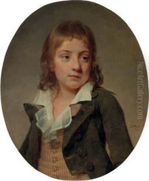 Portrait Of A Young Boy, Bust Length, In A Striped Vest And Grey Jacket Oil Painting by Martin Drolling