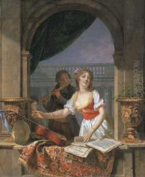 A Young Lady Reaching For A Guitar At A Stone Casement And A Boyplaying The Flute Beyond Oil Painting by Martin Drolling