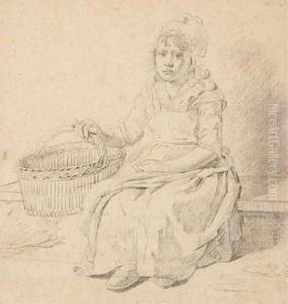 Une Jeune Fille Assise Tenant Un Panier Oil Painting by Martin Drolling