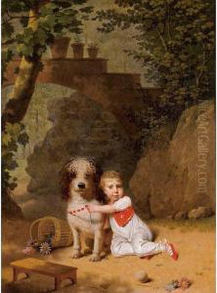 Portrait Of A Little Boy Placing
 A Coral Necklace On A Dog, Both Seated In A Parkland Setting Oil Painting by Martin Drolling