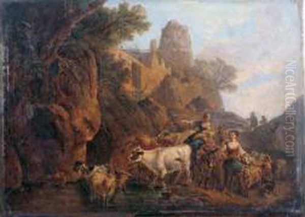 Bergeres Et Troupeau Passant La Riviere Oil Painting by Martin Drolling