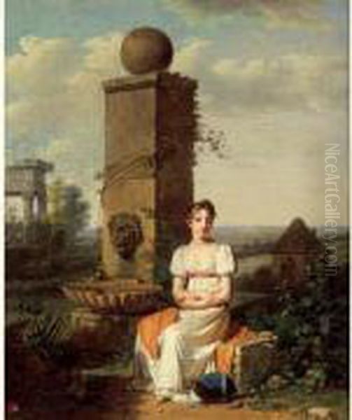 Jeune Fille Assise Pres D'une Fontaine Ou La Cruche Cassee. Oil Painting by Martin Drolling