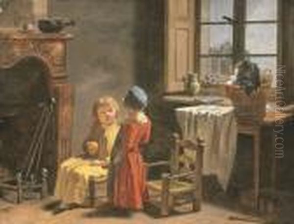 Les Enfants De L'artiste Conversant Pres D'une Cheminee Oil Painting by Martin Drolling