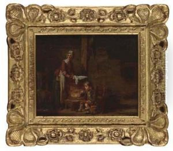 A Washerwoman In An Interior With A Child Blowing A Bubble Oil Painting by Martin Drolling