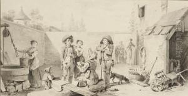 Vue De La Cour Interieure D'une 
Maison Avec Des Personnages Discutant, Une Femme Puisant De L'eau Et Un 
Enfant Jouant Oil Painting by Michel-Martin Drolling