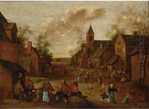 A Village Street With Peasants 
Conversing And Drinking Near An Inn, A Church To The Right Oil Painting by Cornelius Droochsloot
