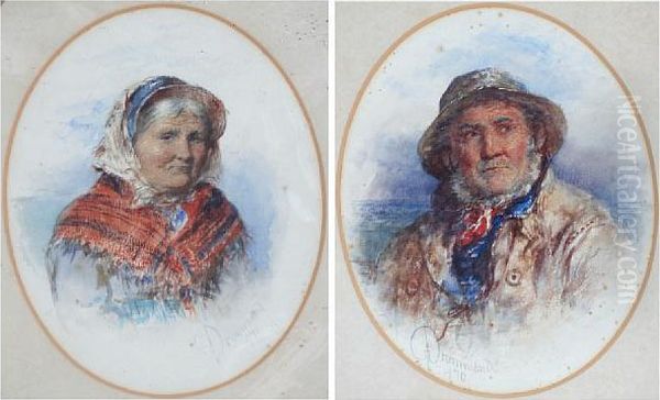 Portrait Of A Fisherman, And 
Another Of An Old Lady Wearing A Headscarf And Shawl, A Pair Oil Painting by James Drummond