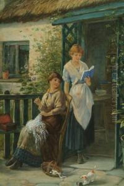 Two Young Women In A Cottage 
Doorway, One Sewing Another Reading, A Kitten Playing Nearby, Signed And
 Dated '85 Oil Painting by James Drummond