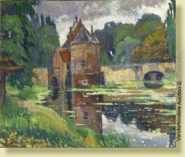 Les Reflets Du Chateau Dans L'etang Oil Painting by Mathilde, Comtesse Du Monceau De Bergendael