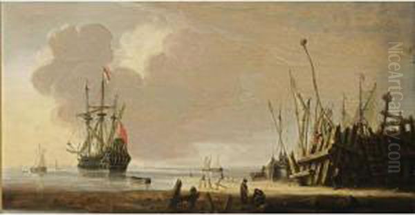 A Man-of-war In Calm Waters 
Together With Other Vessels, Other Sailing Boats Moored At A Quay In The
 Foreground Oil Painting by Hendrick Dubbels
