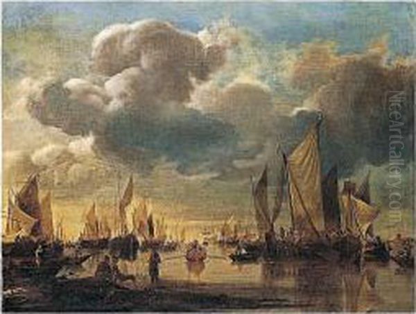 Dutch Shipping Offshore In A 
Calm, With A Dignitary Being Conveyed In A Rowing Boat To A States Yacht Oil Painting by Hendrick Dubbels