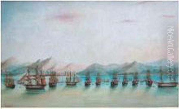 Flottes Anglaise Et Francaise En Baie De Fort De France (martinique) Oil Painting by Cheri Francois Dubreuil