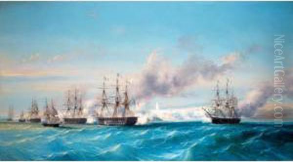 The French Naval Bombardment Of Mogador, Morocco, 15th August 1844 Oil Painting by Cheri Francois Dubreuil
