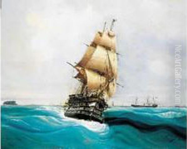 Vaisseau A Quatre Rangees De Pont, Battant Pavillon Francais,
 Voiles Deployees Par Vent Arriere Oil Painting by Cheri Francois Dubreuil