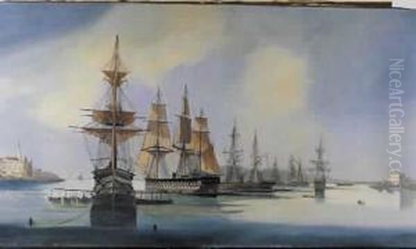 Cheri Flotte Francaise Dans Un 
Avant Port. Grands Vaisseaux Amarres, Chaloupe De Service, 
Fortifications Oil Painting by Cheri Francois Dubreuil