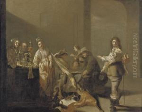 A Guardroom Interior With 
Soldiers Gambling And Courtesans Standing By A Table With Silverware Oil Painting by Jacob Duck