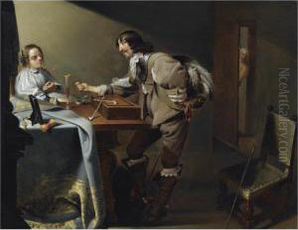 An Interior Scene With A 
Cavalier Offering A Flower To A Lady, While Making An Obscene Gesture Oil Painting by Jacob Duck