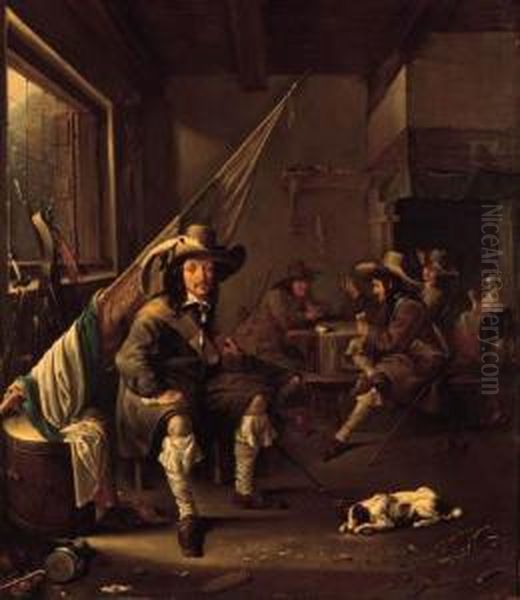 An Ensign Seated By A Barrel In A
 Guardroom, Officers Playing Atcards By A Chimney Beyond Oil Painting by Jacob Duck