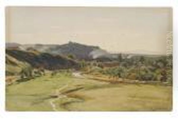 A River Landscape With A Distant Village Oil Painting by Eugene Gustav Ducker