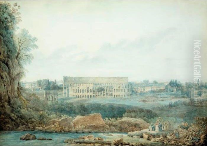A Distant View Of The Colosseum 
And The Arch Of Constantine, Pope Pius Vi And Various Clerics Examining 
Plans In The Foreground Oil Painting by Abraham Louis R. Ducros