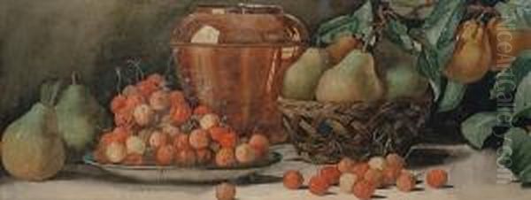 Still Life Of Cherries, Pears, 
Basket And Vase On A Ledge, And Another, Still Life Of Apples, Grapes 
And Flask On A Ledge Oil Painting by Arthur Dudley