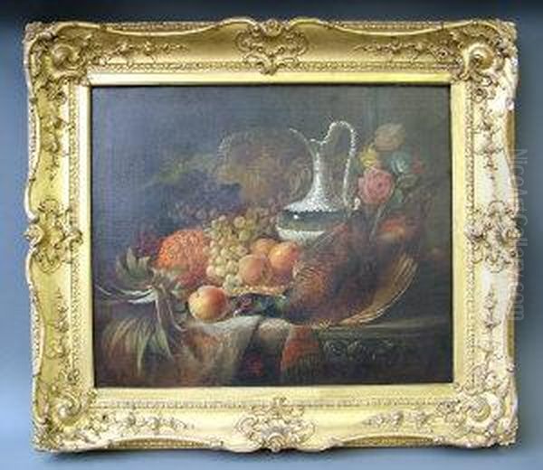 Still Life Of A Dead Pheasant, 
Silver Flagon, Peaches, Grapes, A Pineapple, Roses And A Salver On An 
Ornamental Ledge Oil Painting by William Duffield