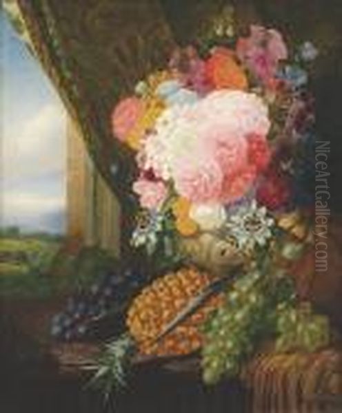 Still Life Paeonies, Passiflora,
 Pelargonium, Penstemon, Petunia, Pyracantha, With A Pineapple, Pumpkin 
And Grapes To The Side Oil Painting by William Duffield