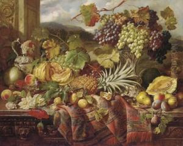 Still Life With Peaches, A 
Pomegranate, Grapes In A Tazza, A Pineapple, An Orange, Plums And Pears,
 Amongst Roses, Poppies And Vines On A Carved Oak Chest, Draped With A 
Rug, A Landscape Beyond Oil Painting by William Duffield